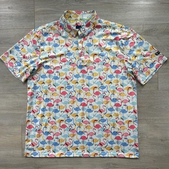 Tom Baine Men's XL Slim Fit Flamingo AOP Performance Collection Gold Polo - Picture 1 of 12